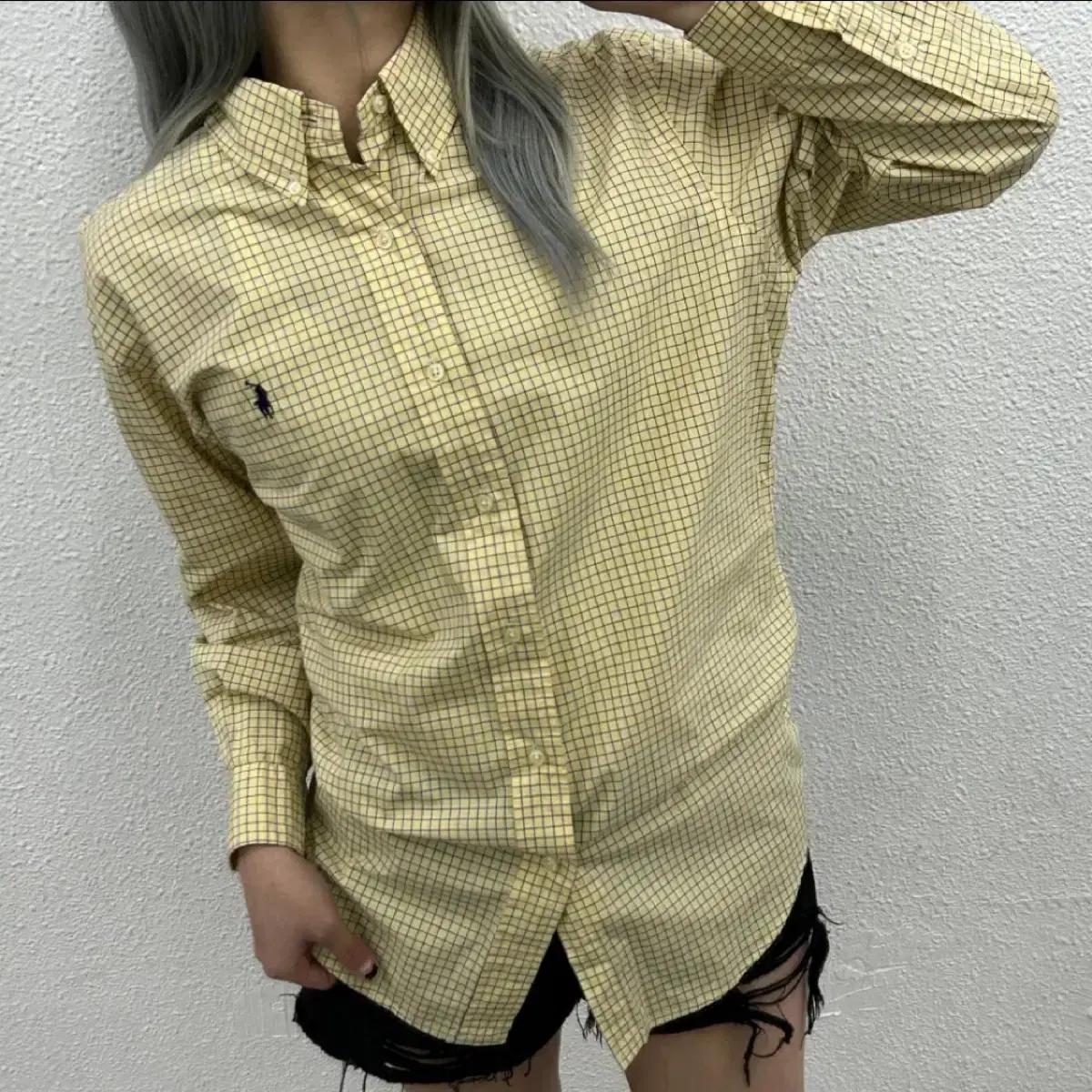 폴로 랄프로렌 네이비포니 연노랑 체크 셔츠
