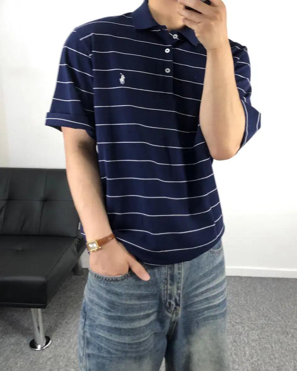 폴로 정품 피마코튼 스트라이프 네이비 pk 반팔