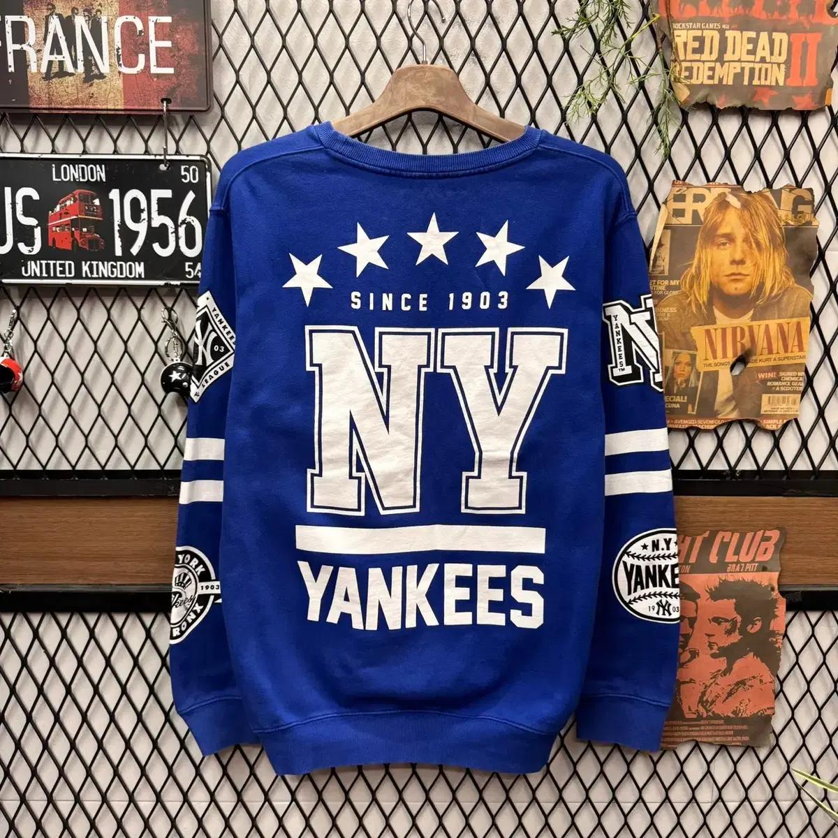 00s MLB 뉴욕 양키스 맨투맨 후면 빅로고 포인트 블루