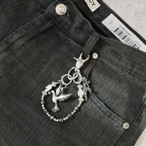 블랙 오닉스 스톤 피죤 브로치 키링 열쇠고리