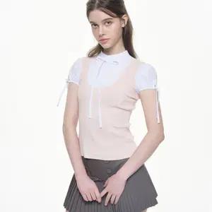 위스페어리 Prep Layered Tie Blouse 프렙레이어드타이블라우스 핑크 반팔