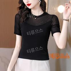 여성 미시 반팔 여름 망사 모던 사교 라인 라틴 댄스복 상의 댄스 의상 연습복 티류으스