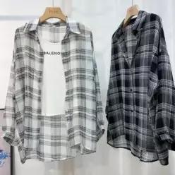 KCH3AD7체크 시스루셔츠 살안타 여행룩 봄여름 긴팔남방