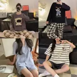 여성용 프리티 홈웨어 잠옷 원피스 상하의세트 데일리 사계절 파자마 긴팔 극세사 학생 성인