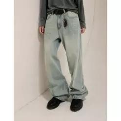 르아르 사선 커브드 데님 팬츠 라이트블루