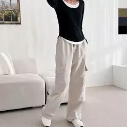 오너클랜 립스톱 스트링 와이드 조거 카고 팬츠 여자 여성하의 립스톱 스트링 와이드 조거 면바지