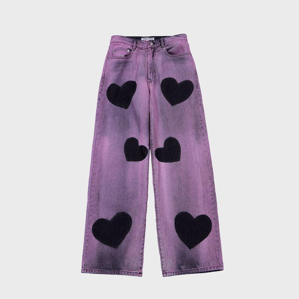HEART BLEACHED DENIM PANTS (PINK)
