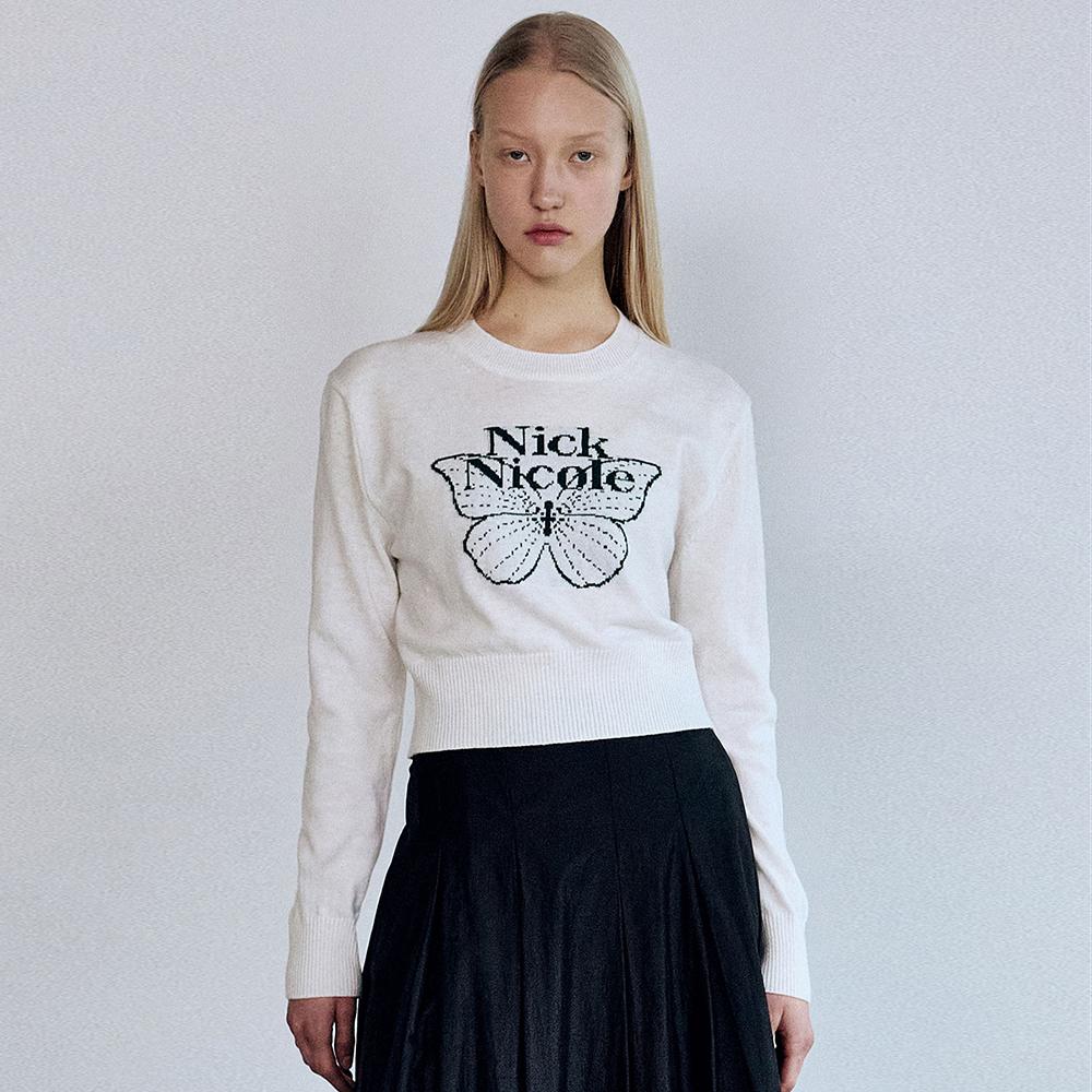 CASHMERE BUTTERFLY SIGNATURE CROP KNIT_IVORY BLACK