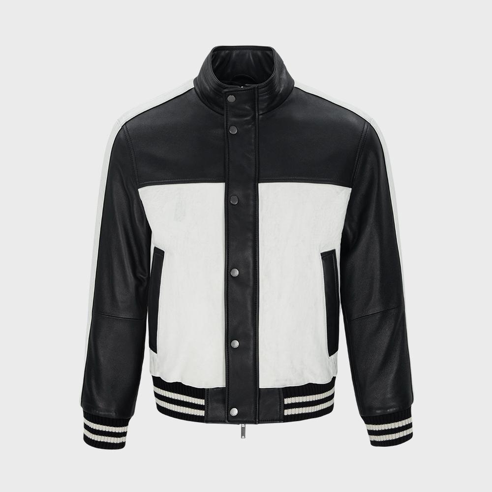 GARMENT WASHED NAPPA LEATHER RACER JACKET (BLACK&CREAM / LAMBSKIN)