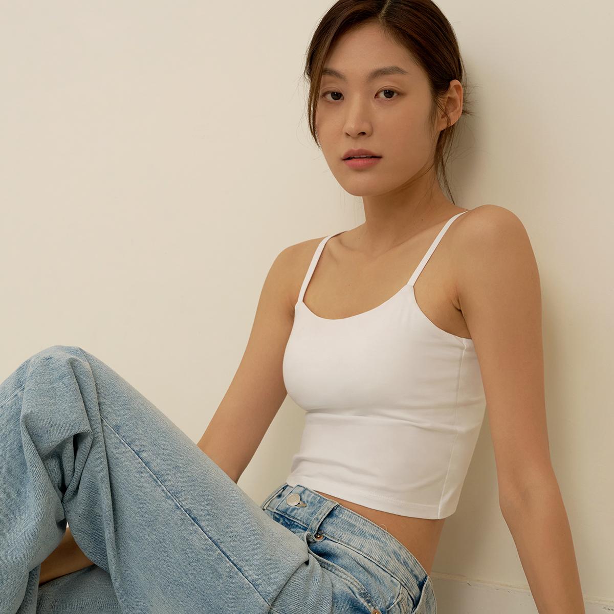 모달 코튼 크롭 캡내장 끈 조절 브라탑나시