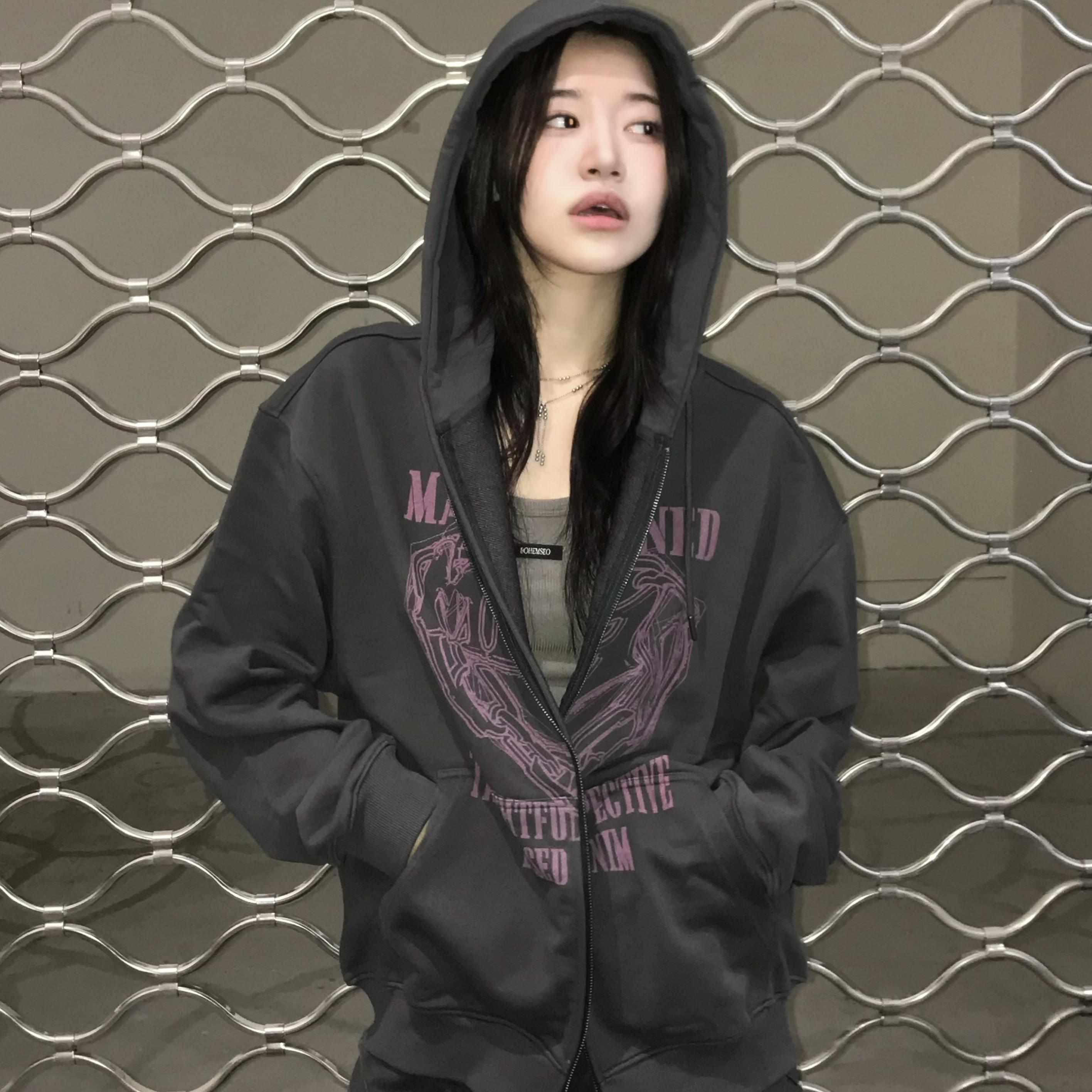 DOODLE HEART HOODIE ZIP UP CHARCOAL