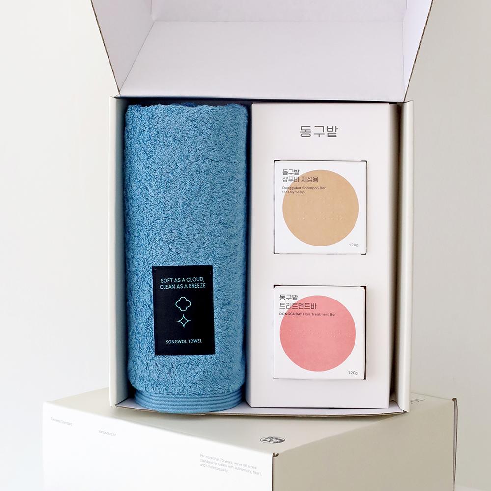 블랙라벨 200g 항균타월 1P+동구밭 헤어케어 선물세트 (지성용 샴푸바+트리트먼트바)