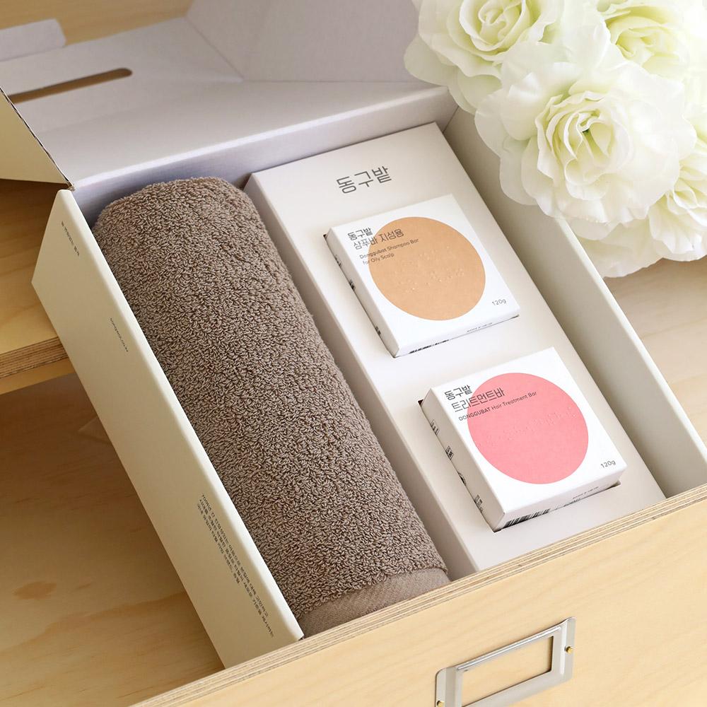 뉴컬러무지 호텔수건 150g 1P+동구밭 헤어케어 선물세트 (지성용 샴푸바+트리트먼트바)
