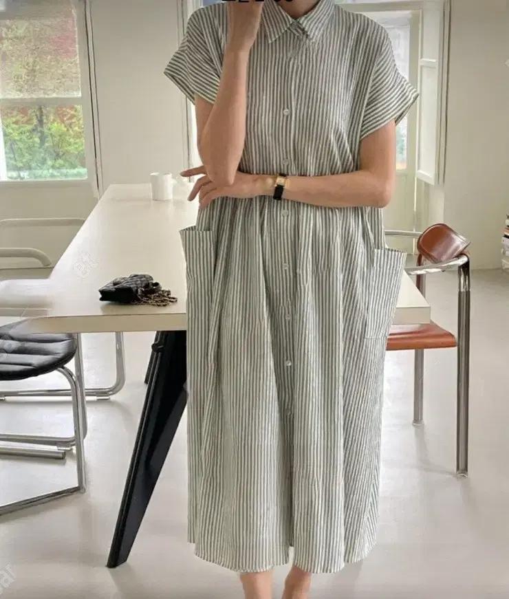 반팔셔츠 롱면 셔링스트라이프단추 여름빅사이즈카라 원피스