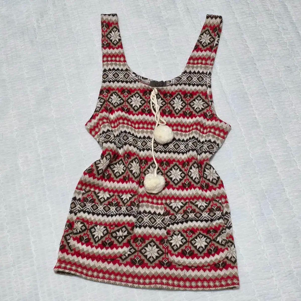 일본빈티지)크리스마스 겨울패턴니트짜임st 폼폼이 슬리브리스원피스