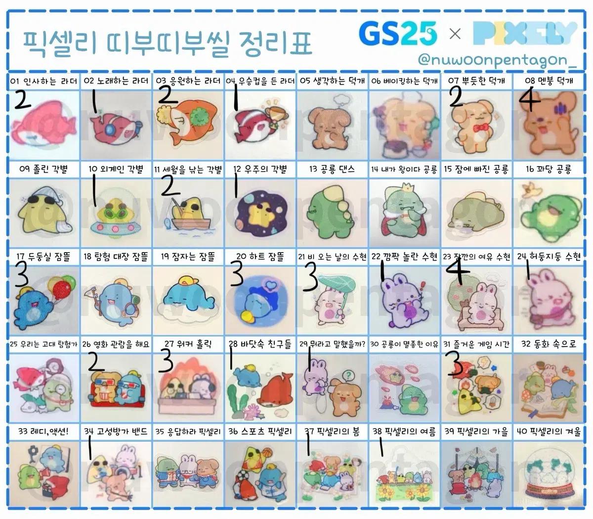GS25 픽셀리 빵 띠부씰 44장 일괄 양도
