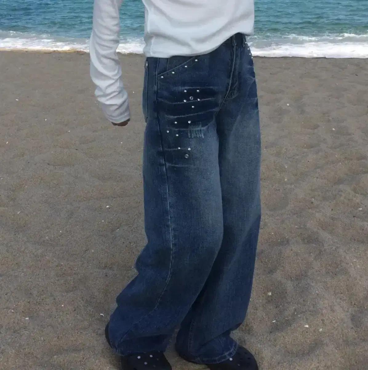 y2k eyelet washing denim 스터드비즈 와이드팬츠