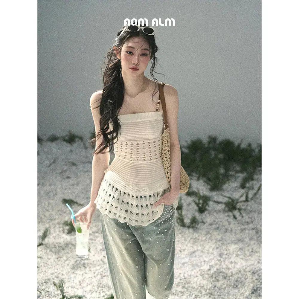 Shaoyeyan 샤오예얀 비즈 스트랩 펀칭 니트 레이어드 니트