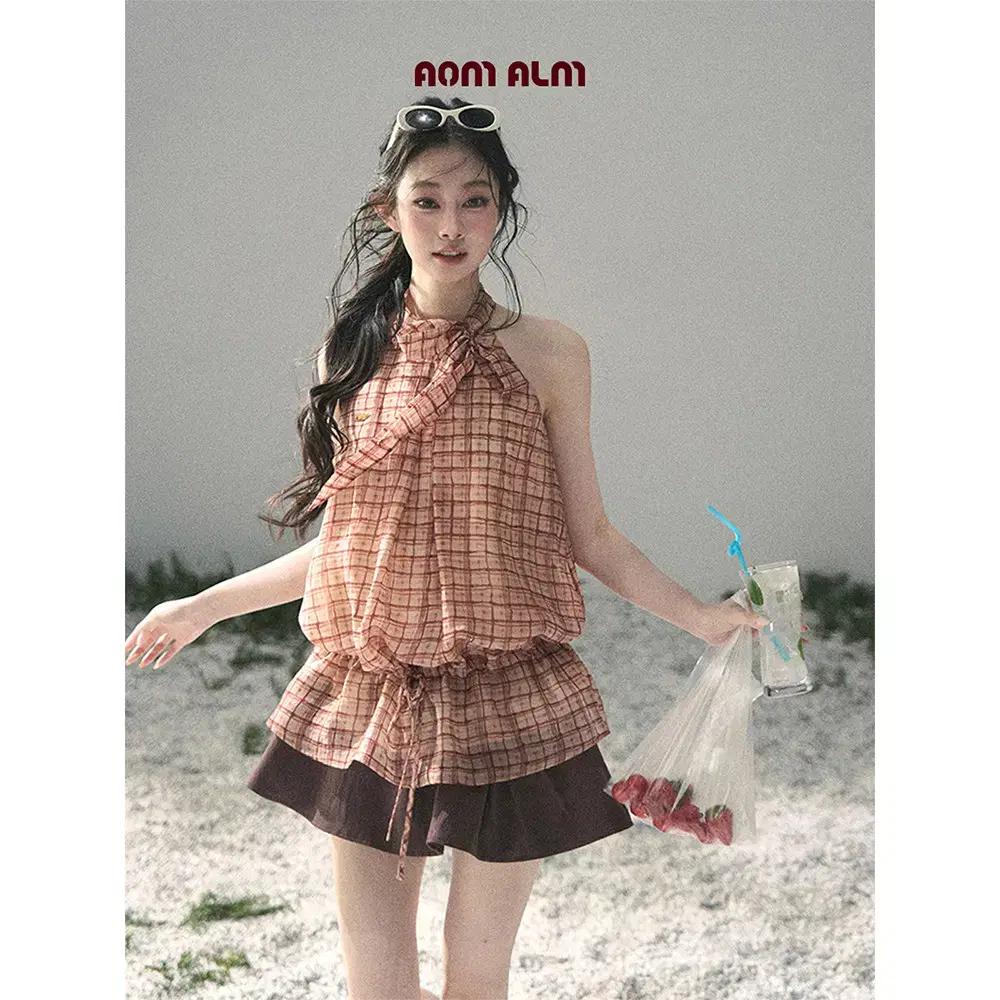Shaoyeyan 샤오예얀 메이플 홀터넥 체크 민소매 블라우스