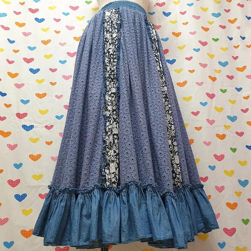 데님 프릴 티어드 패치워크 펀칭 레이스자수 꽃무늬 플라워 패치워크 청치마