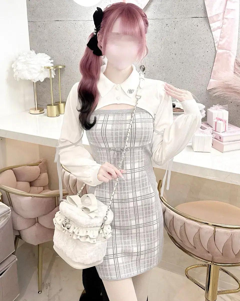 허니뮤 볼레로 체크 원피스 그레이 스나계